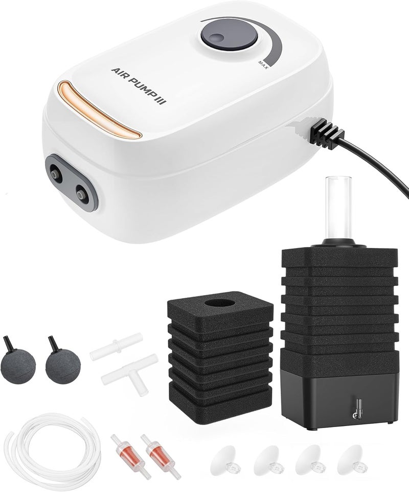 Moonorange مضخة هواء حوض السمك 3W/6W، مهوية حوض السمك قابلة للتعديل مع 2 مخرج، مضخة أكسجين قوية وصامتة لحوض السمك حتى 100/200 جالون مع جميع الملحقات. (ترقية تقليل الضوضاء)  - Image 1